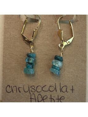 Gemstone Earrings, Chrysocolla & Sky Blue Apatite, 18K Gold Plated Lever Backs